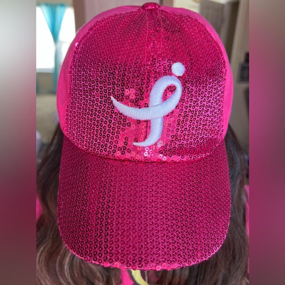 Pink Sequin Sparkle Cap with White Embroidered Breast Cancer Awareness Logo